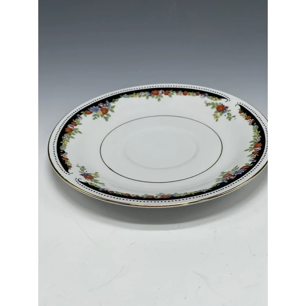 Vintage Lynns Fine China Gold Rim Black‎ Floral Saucer Plate